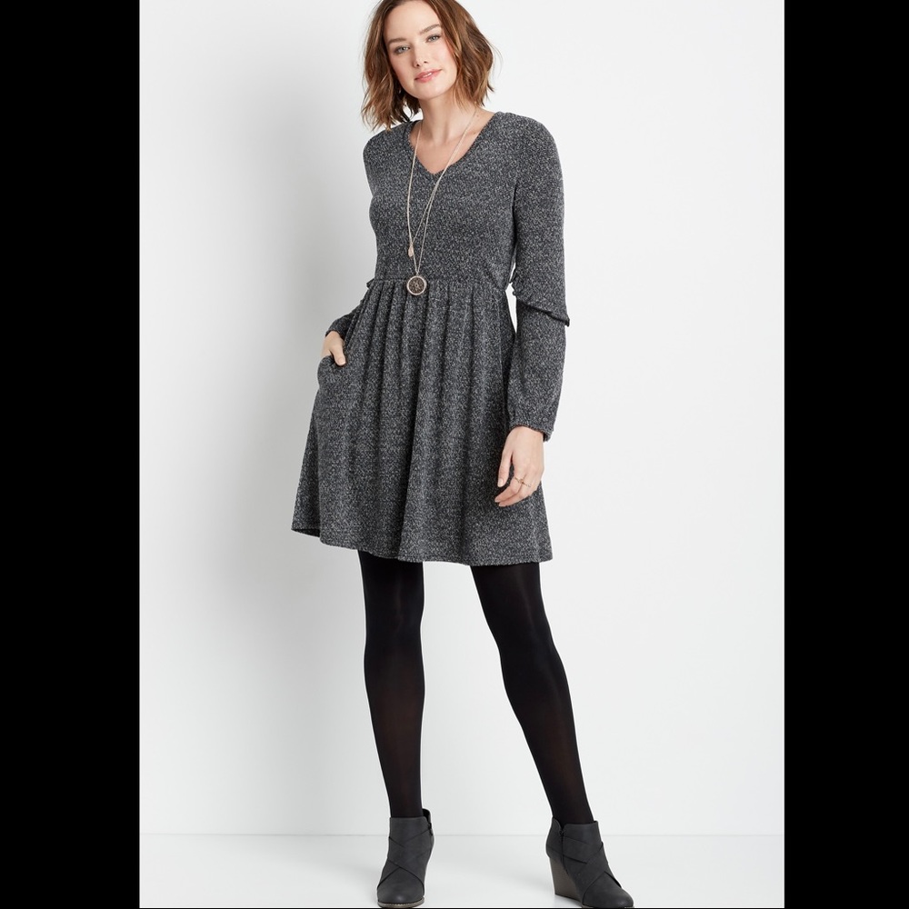 Maurices Gray Knit Ruffle Sleeve Pocket Mini Dress